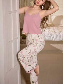 CottageSlumber Solid Color V-Neck Camisole & Floral Print Pants Pajama Set - Multicolor - View 3