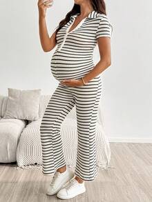 SHEIN Maternity Summer Casual Striped Jumpsuit Autumn Outfit Work Outfits - Multicolor - View 3