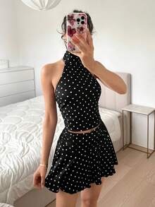 SHEIN EZwear 女款波點印花短版時尚掛脖繫帶背心上衣與抓皺迷你裙2件組 - 黑與白 - 查看 5