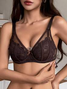 DAZY Mesh & Contrast Lace Lightweight Padded Sexy Bra - Coffee Brown - View 11
