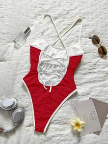 Swim Chiccia Women's Fashion Striped Color Block Spaghetti Strap Jumpsuit, Suitable For Vacation Beach - Red - View 5