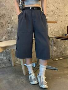 DAZY 女款純色寬鬆七分褲口袋休閒街頭風牛仔褲 春秋夏季日常深灰色校園風 - 深灰色 - 查看 8