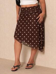 Elaquor Plus Size Summer Casual Polka Dot Print Asymmetric Hem Skirt - Coffee Brown - View 7