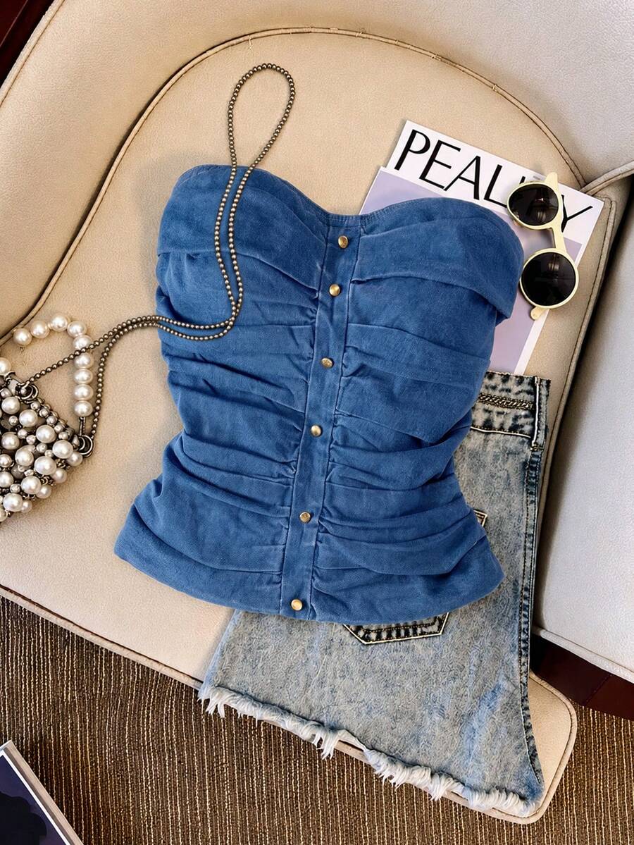 GlowEve Women's Ruched Bandeau Denim Top - Blue - View 1