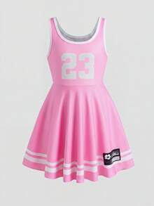 SHEIN Young Girl Knitted Numeric Pattern Camisole Dress, Casual Sportswear - Pink - View 2