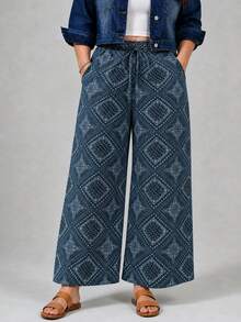 EMERY ROSE Summer Casual Dark Blue Printed Denim Straight Leg Pants Plus Size Women Non Stretch Daily Wear - Medium Wash - View 4