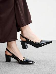 CUCCOO BIZCHIC 1雙黑色瑪麗珍漆皮尖頭露後跟涼鞋 女款 金色鉚釘粗跟通勤高跟鞋 - 黑色2 - 查看 1