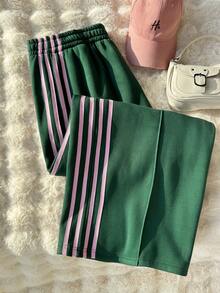 Comfortcana Plus Size Women's Casual Streetwear Baggy Vintage American Sports Style Thin Fleece Lined Taped Long Pants Winter Gym Formal Green - Green - View 7