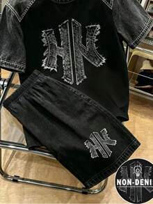 青少年男孩數位字母圖案短袖T恤與短褲套裝，春夏休閒戶外運動穿搭，適合野餐、街頭攝影、度假風、日常穿著夏季服飾 - 彩色 - 查看 7