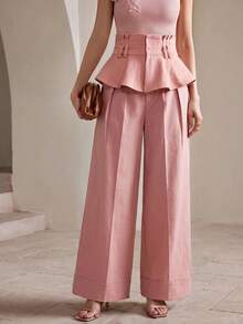 Anewsta Spring/Summer Dusty Pink High-Waist Ruffle Hem Casual Elegant Commute Date Everyday Versatile Wide Leg Women's Jeans - Pink - View 3