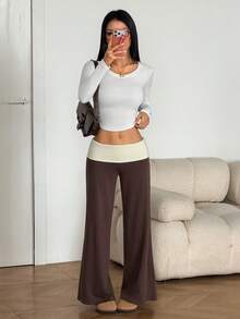 Vivamere Women's Casual Loose Fit Contrast Color Wide Leg Sweatpants Graduation Back To School Outfits Teacher Summer Cloth Lounge Grey ,Petite Women - Brown - View 12