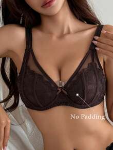 DAZY Mesh & Contrast Lace Lightweight Padded Sexy Bra - Coffee Brown - View 4
