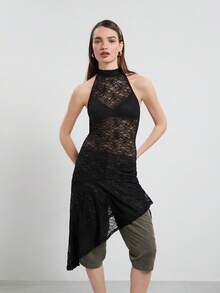 COUREZ Halter Lace Asymmetric Midi Layering Dress / Y2K Womens Dress Rave Layering Dress Womens Autumn Dress Autumn Clothes Black Lace Fall Outfits Flowy - Black - View 4