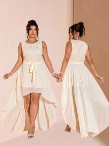 Cravure Plus Size Women's Sleeveless Contrast Lace Asymmetrical Hem Chiffon Dress - Apricot - View 3