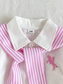 Playful Pals 2pcs/Set Baby Girl White Long Sleeve Button-Up Shirt With Animal Horse Embroidery And Turn-Down Collar + Pink And White Striped Elastic Waist Pleated Skirt, Casual Cute Sweet Fashion Korean Style Outfit, Matching Shawl Included, Preppy Style, Suitable For Autumn Daily Wear, School, Shopping And Other Occasions - Pink - View 5