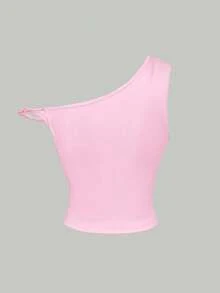 SHEIN MOD 女款單肩字母花卉印花修身百搭日常休閒上衣 - 粉色 - 查看 4