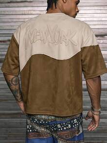AXEPEAK Men's Summer Casual Colorblock Patchwork Letter Applique T-Shirt - Brown - View 8