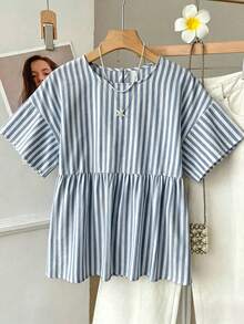 SHEIN EZwear 女款條紋圓領短袖寬鬆娃娃衫上衣 - 藍白色 - 查看 6
