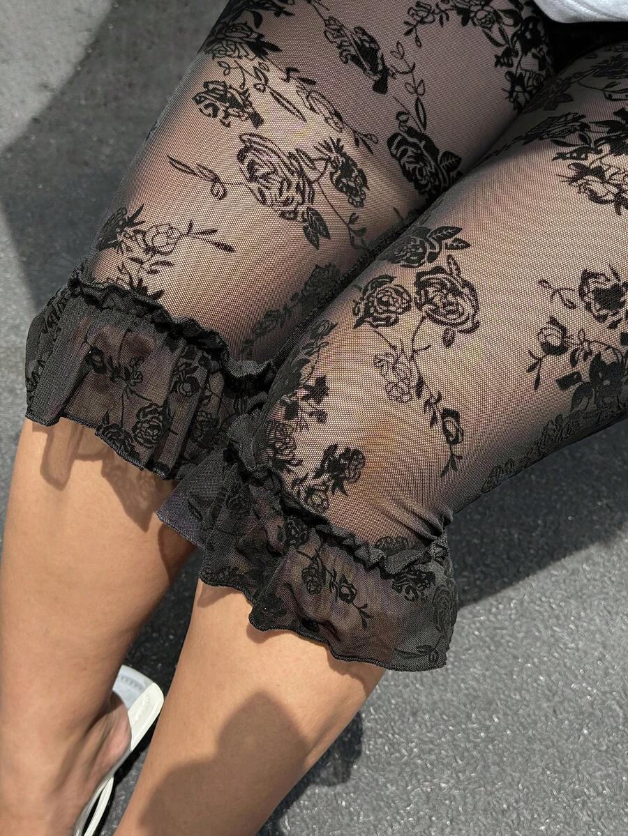 GalTyme Calções de ciclista sexy em renda transparente, ajustados, de 5 polegadas, Plus Size, para festival de música - Preto - Ver 1