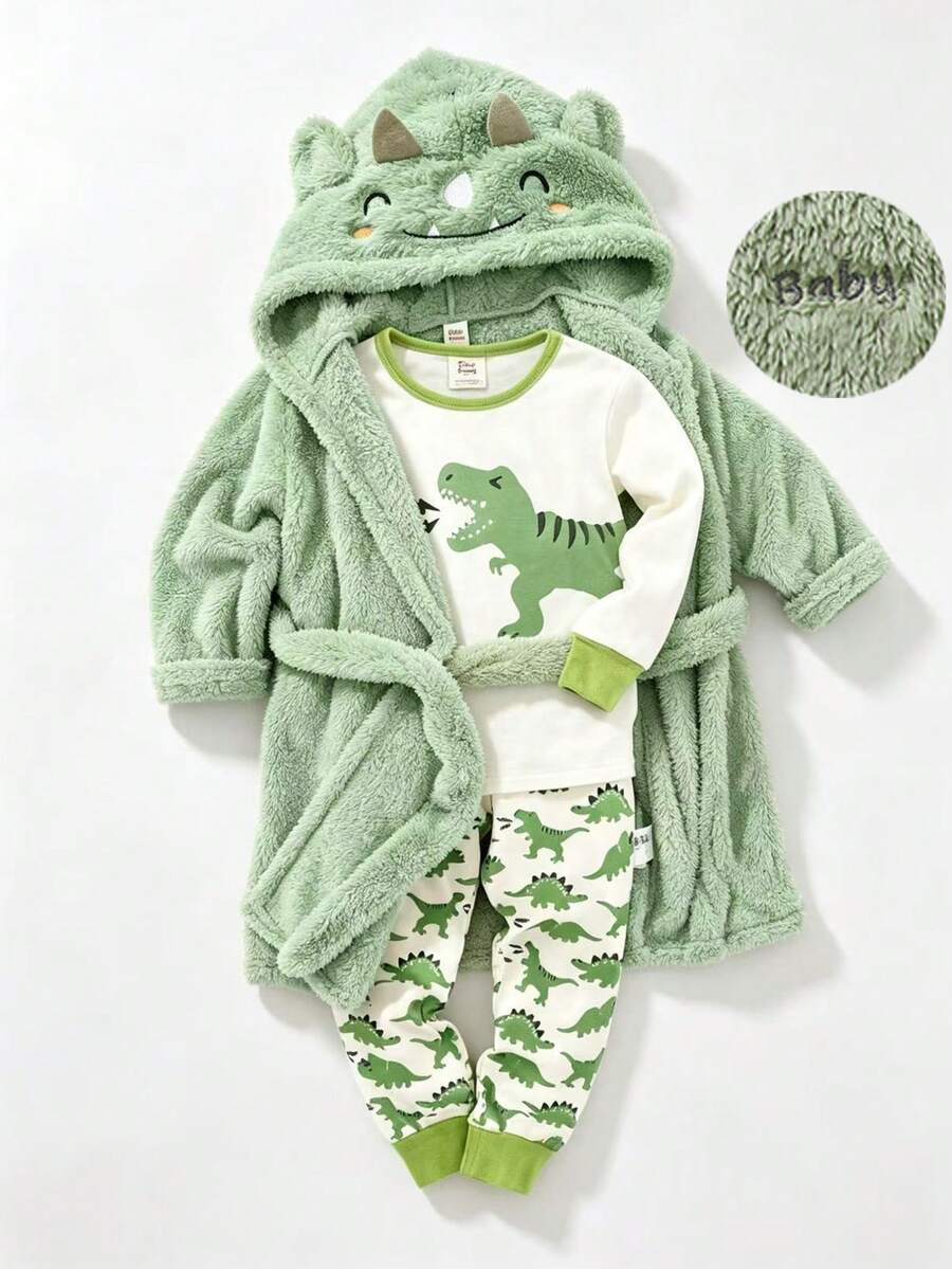 SHEIN Baby Boy Plush Robe Green Cute Cartoon Dinosaur Design Double-Sided Fleece Soft Minimalist Loungewear Fall Autumn/Winter Christmas Cozy Nightwear - Green - View 1