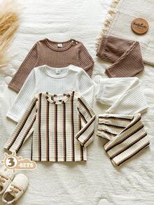 SHEIN Vintaside Kids 6件組男嬰休閒老錢風家庭套裝 華夫格素色棕色、米白色、巧克力棕圓領長袖上衣與長褲 秋季 - 彩色 - 查看 4