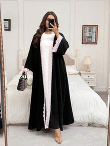 Al Najma Women's Elegant Minimalist Fashionable Placket Cuff Lace Patchwork Exquisite Summer Plus Size Long Sleeve Abaya - Black - View 5