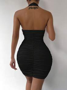 SHEIN Allurite Sexy Backless Ruched Halter Bodycon Dress - Black - View 2