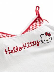 HELLO KITTY AND FRIENDS | ROMWE Top de tirantes para mujer talla grande con estampado de dibujos animados, decoración de lazo y almohadillas integradas - Beis - Ver 3