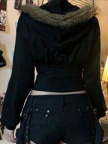 Lalippa Women Casual Faux Fur Collar Hooded Cinched Waist Jacket - Black - View 2