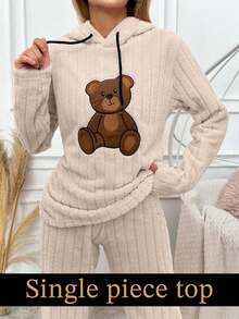 SHEIN Cottnline Women's Message Embroidered Hooded Long Sleeve Sleepwear Top - Beige - View 1