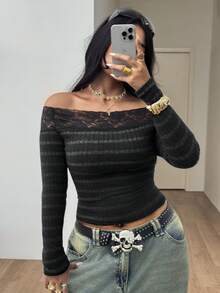 Coolane 女款大尺碼秋冬優雅基本款日常休閒黑色條紋彈性舒適蕾絲拼接露肩上衣萬聖節 - 黑色 - 查看 4
