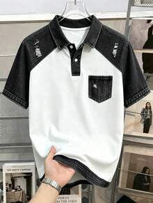 Daypath Men's Summer Casual Colorblock Patchwork Polo Shirt - Black and White - View 5
