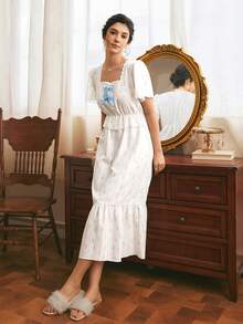 Côtesoire Camicia da notte da donna elegante e romantica in stile francese, con motivo floreale ditsy pastorale, patchwork in pizzo, comoda e con vestibilità ampia - Multicolore - Visualizzare 4