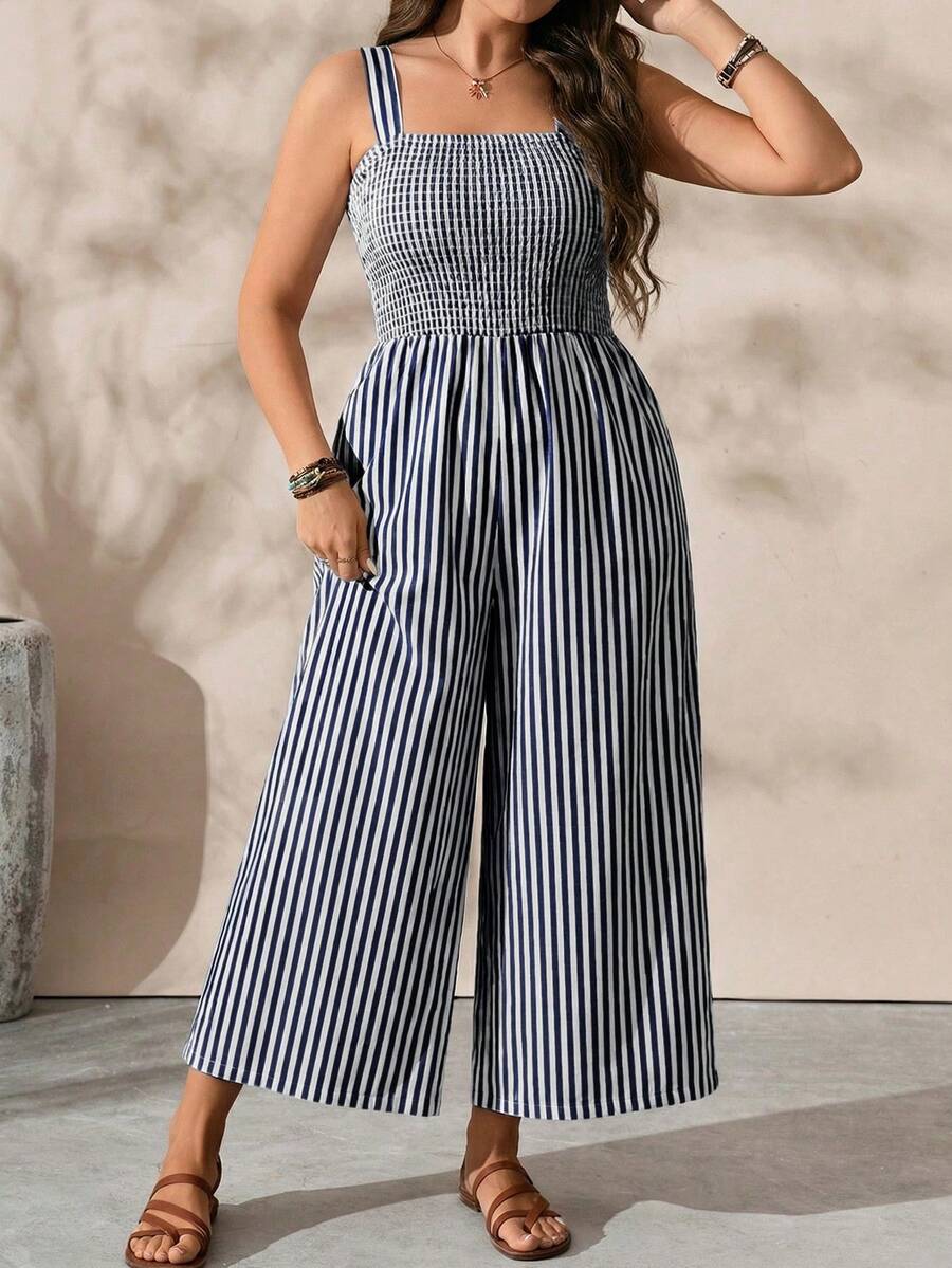 EMERY ROSE Plus Size Women's Shirred Design Vacation Casual Spaghetti Strap Jumpsuit - Navy Blue - View 1