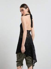 COUREZ Halter Lace Asymmetric Midi Layering Dress / Y2K Womens Dress Rave Layering Dress Womens Autumn Dress Autumn Clothes Black Lace Fall Outfits Flowy - Black - View 2