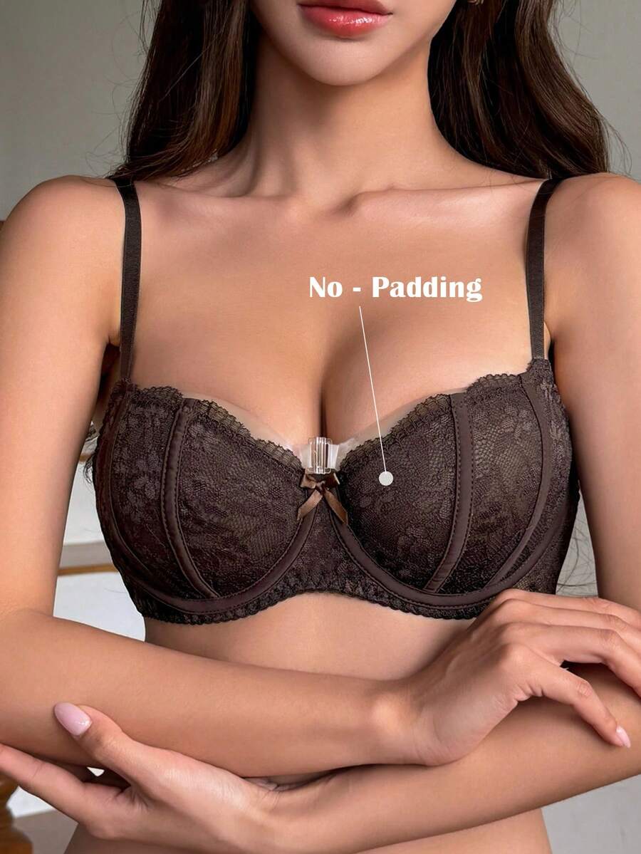 DAZY Sujetador de lencería sexy ligero con relleno, malla y encaje en contraste - Café integral - Ver 1