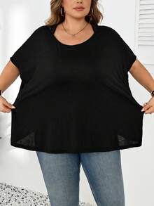 SHEIN CURVE+ Plus Size Women's Solid Color Twist Back Lace Trim Design Round Neck Short Sleeve Casual Elegant T-Shirt Going Out Black Summer - Black - View 5
