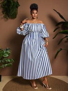 Maweii Robe élégante grande taille à épaules dénudées, blocs de couleurs rayé, manches lanternes et taille cintrée - Multicolore - Voir 3