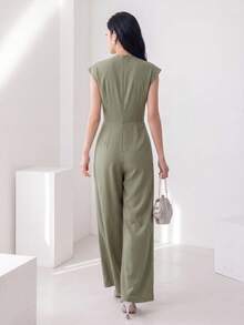 Heiryn Women's Solid Color Button Design Pleated Wide Leg Elegant Jumpsuit - Green - View 9