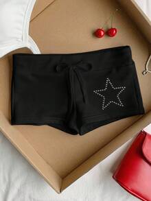 Attitoon Women's Drawstring Waist Star Pattern Slim Fit Shorts - Black - View 7