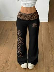 Coolane Pantalones de chándal casuales de moda para mujer con estampado de leopardo - Negro - Ver 5