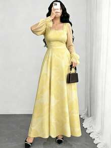 Modelyn Hibiscus Flower Print Plus Size Dress, French Fashion Square Neck Lantern Long Sleeve Design Women's Floral Maxi Dress, Summer Waist-Cinching Long Elegant Dress, Floral Pattern Navy Blue Dress, Suitable For Summer Vacation And Daily Wear - Multicolor - View 1