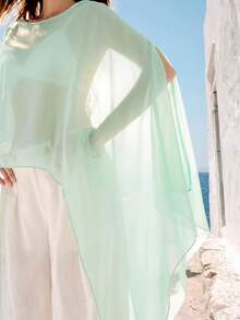 SHEIN Women's Solid Color Round Neck Asymmetric Design Loose Top For Vacation - Mint Green - View 6