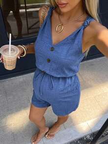 SHEIN Maternity Textured Button Tie-Front Romper - Blue - View 3