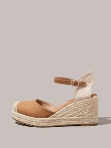 Styleloop Solid Color Gentle And Versatile Buckle Wedge Sandals - Coffee - View 3