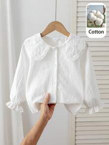 SHEIN New Back To School Season Young Girl Fashion Sweet Lace Collar White Long Sleeve Blouse, Versatile Baby Undershirt School Autumn Long Sleeve Tops - White - View 7