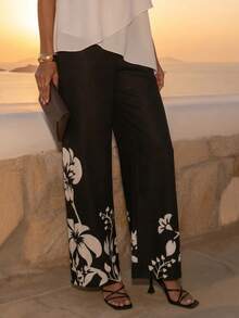 CAJUNI Vacation Casual Floral Print Long Pants - Black and White - View 3