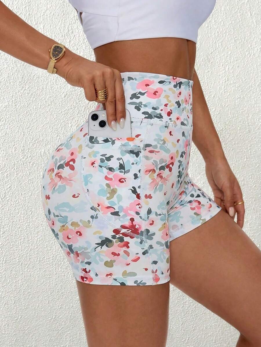 SHEIN Sports Floral Print High Waist Slim Fit Sports Shorts - Multicolor - View 1