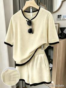 Franclia Women's Autumn Casual Elegant Minimalist Daily Formal Commute Round Neck Color Block Design Regular Shoulder Short Sleeve Fitted Plus Size - Multicolor - View 3