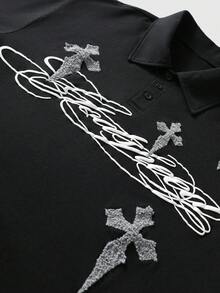 ROMWE MEN Street Life 2026春夏新款重磅刺繡毛巾布泡泡感男士 Polo 衫，翻領休閒時尚短袖上衣 - 黑色 - 查看 5